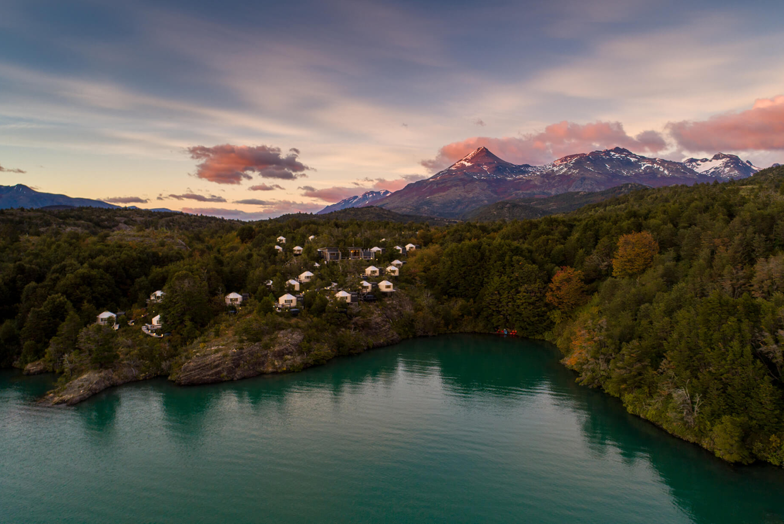 Exterior view of Patagonia Camp surrounded by native Patagonian landscape.